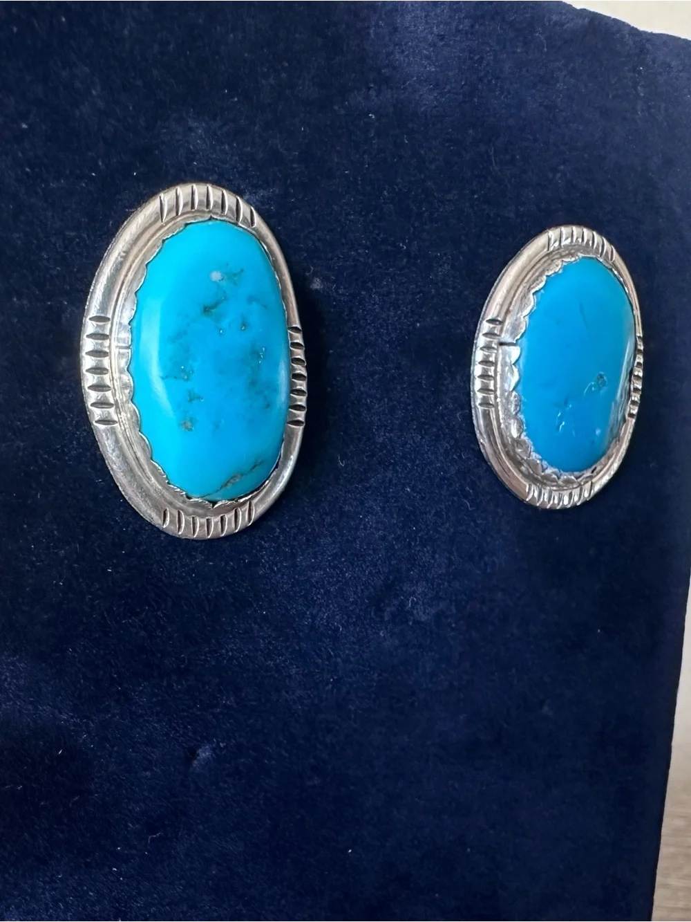 Vintage Navajo Sterling Silver Large Turquoise Oval Cabochons Stud Earrings